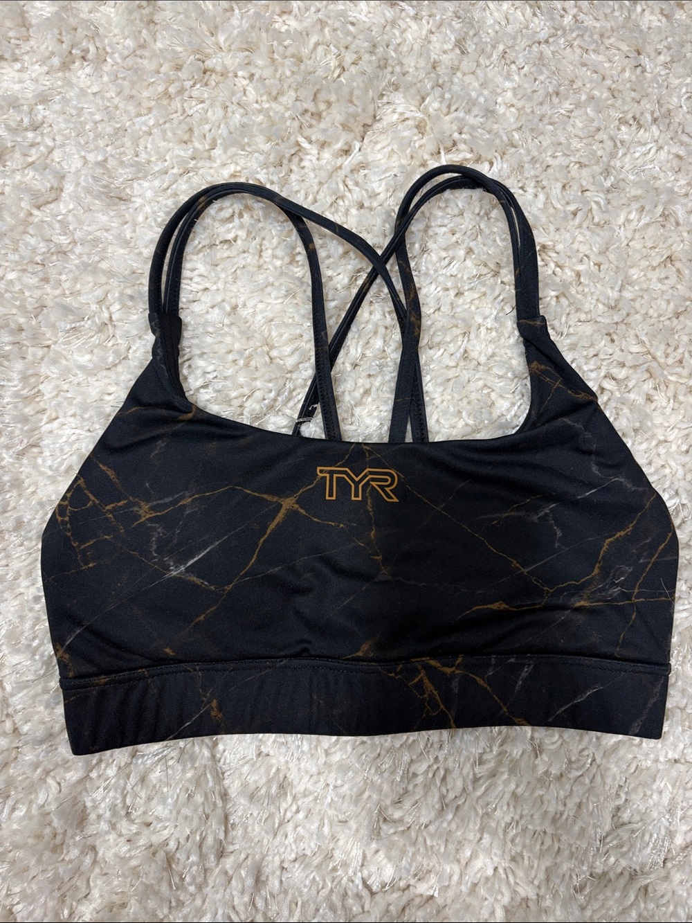 TYR Black and Gold Marble Strappy Sports Bra